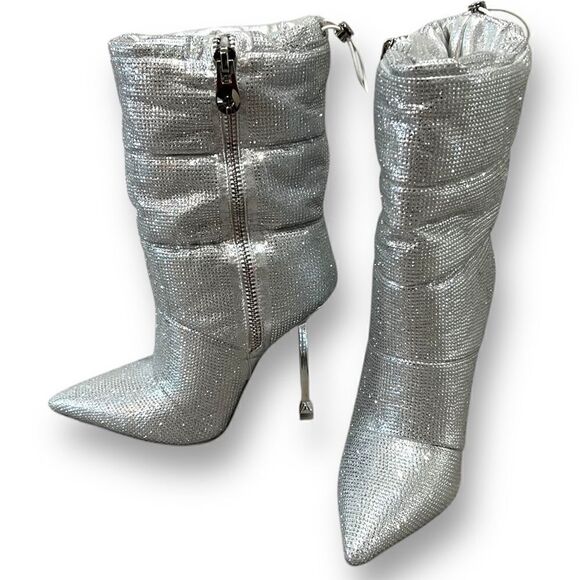 NWOB Azalea Wang Stepping Out silver rhinestone heeled puffer bootie sz 6.5